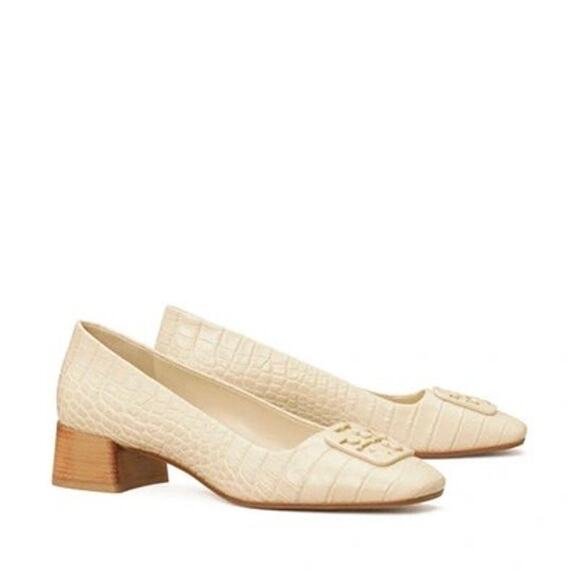 Tory Burch Georgia Croc Embossed Black Pump Heels in "New Cream" Size 8 - Picture 1 of 14
